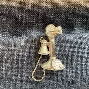 Vintage Stick Phone Brooch Gold Toned, 1 1/4” x 1/2”, with attached chain